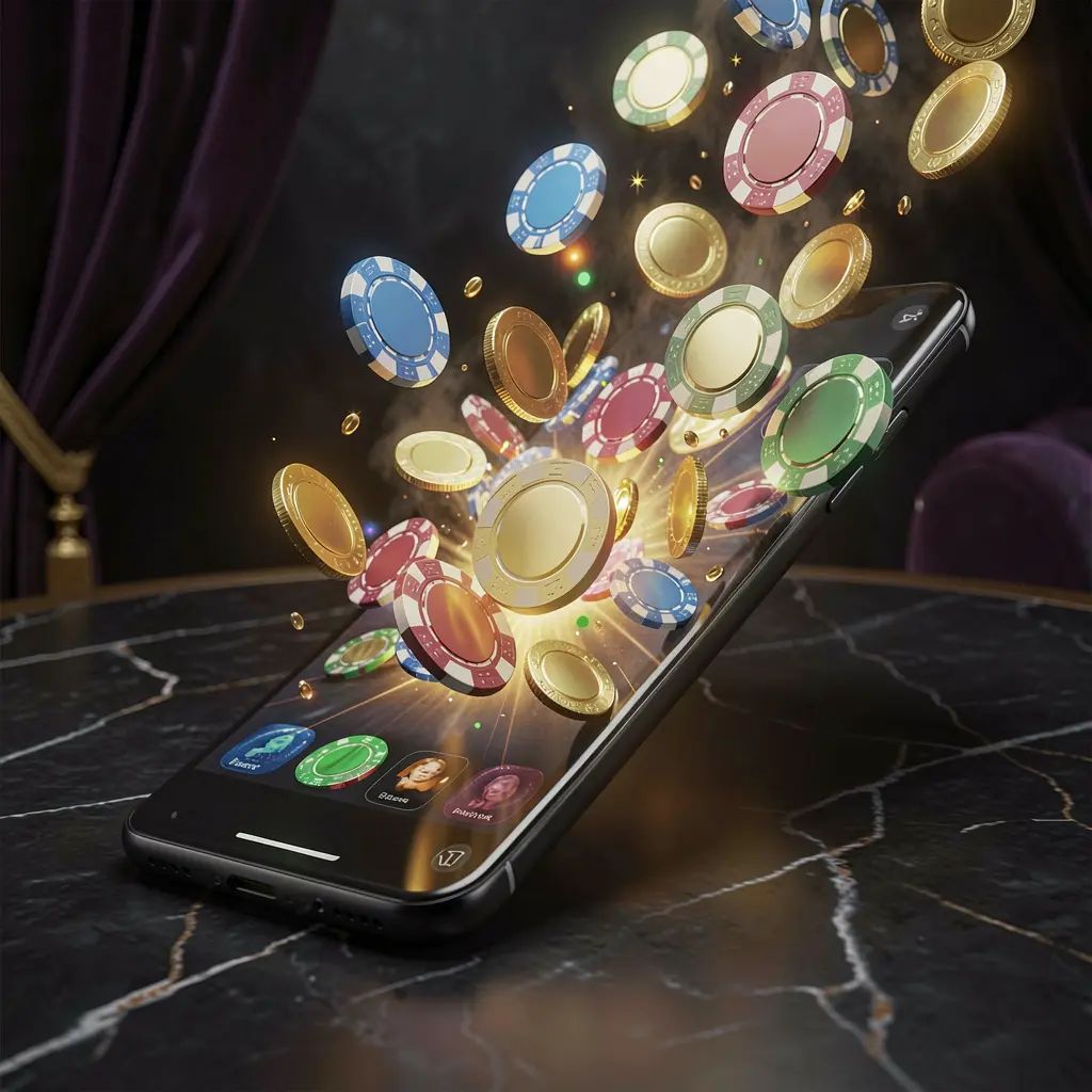 RM555 online gaming app displayed on a smartphone screen glowing with casino chips and coins emerging, set against a luxury dark background with cinematic lighting in a high detail 3D render