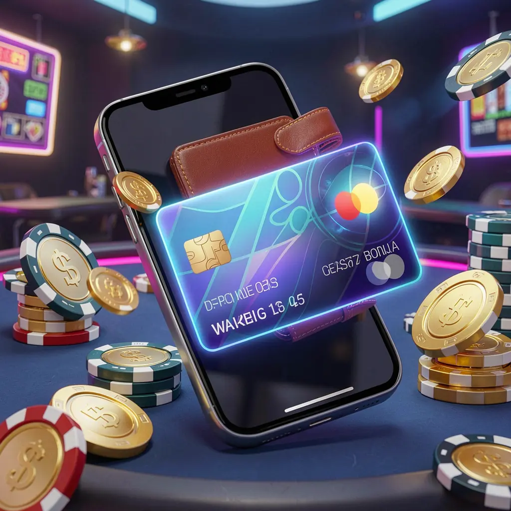 RM555 deposit bonus concept featuring a smartphone wallet with a glowing payment card, surrounded by golden coins and poker chips in a modern mobile casino style