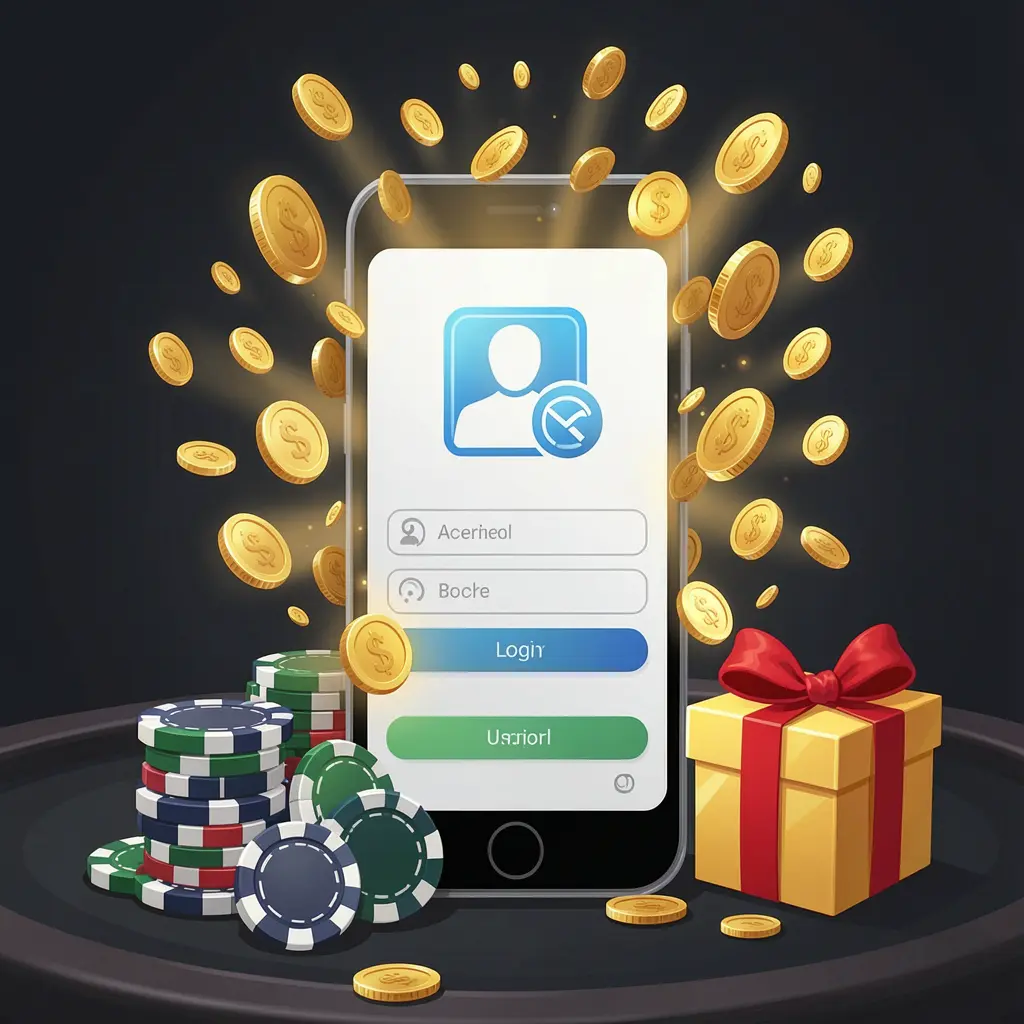 RM555 casino user login illustration showing a phone with a secure access icon, golden coins bursting from the screen, poker chips and a gift box nearby on a dark premium background
