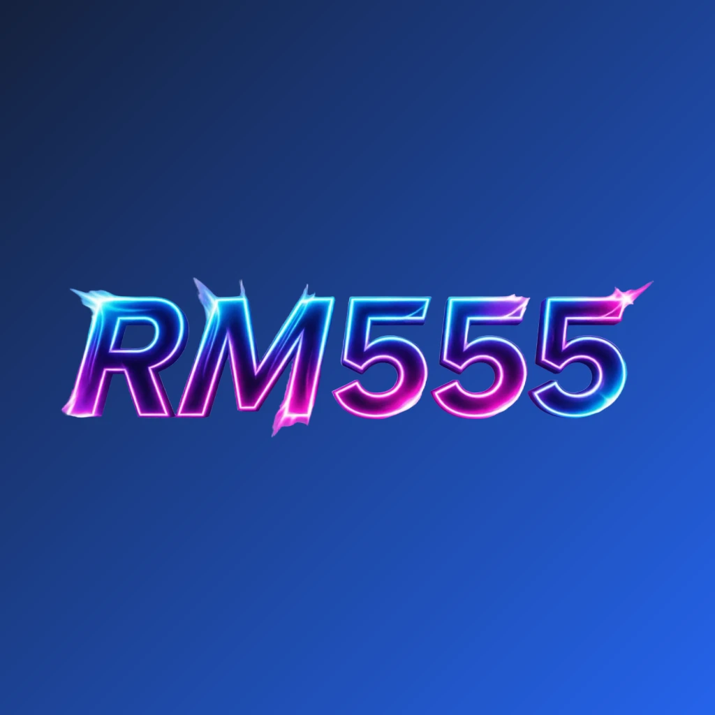 Colorful gaming logo for RM555 featuring extra bold block letters with electric blue, purple, and pink neon gradients and dynamic glowing effects on a transparent background