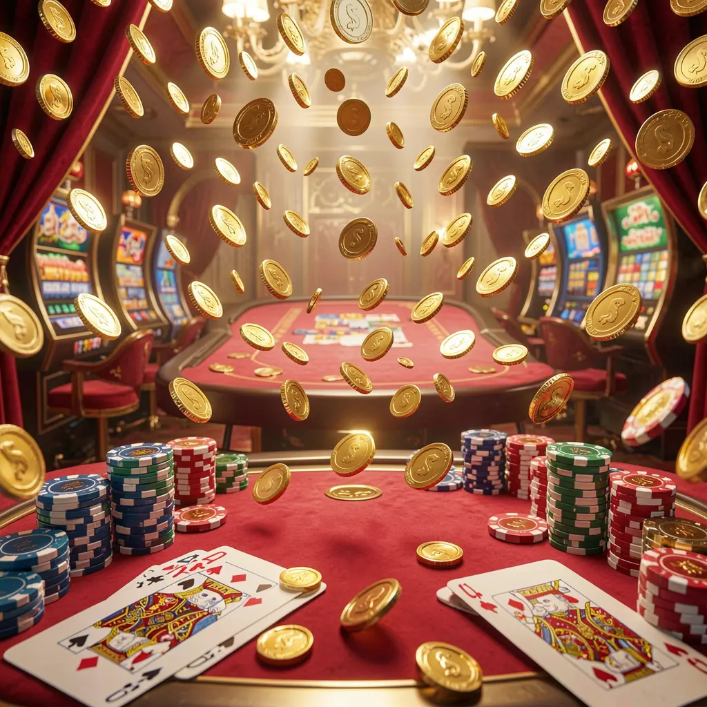 RM555 online gaming platform homepage banner featuring bright casino lights with golden coins raining, poker chips and playing cards in the foreground, set in a luxury red and gold atmosphere in a high detail 3D render